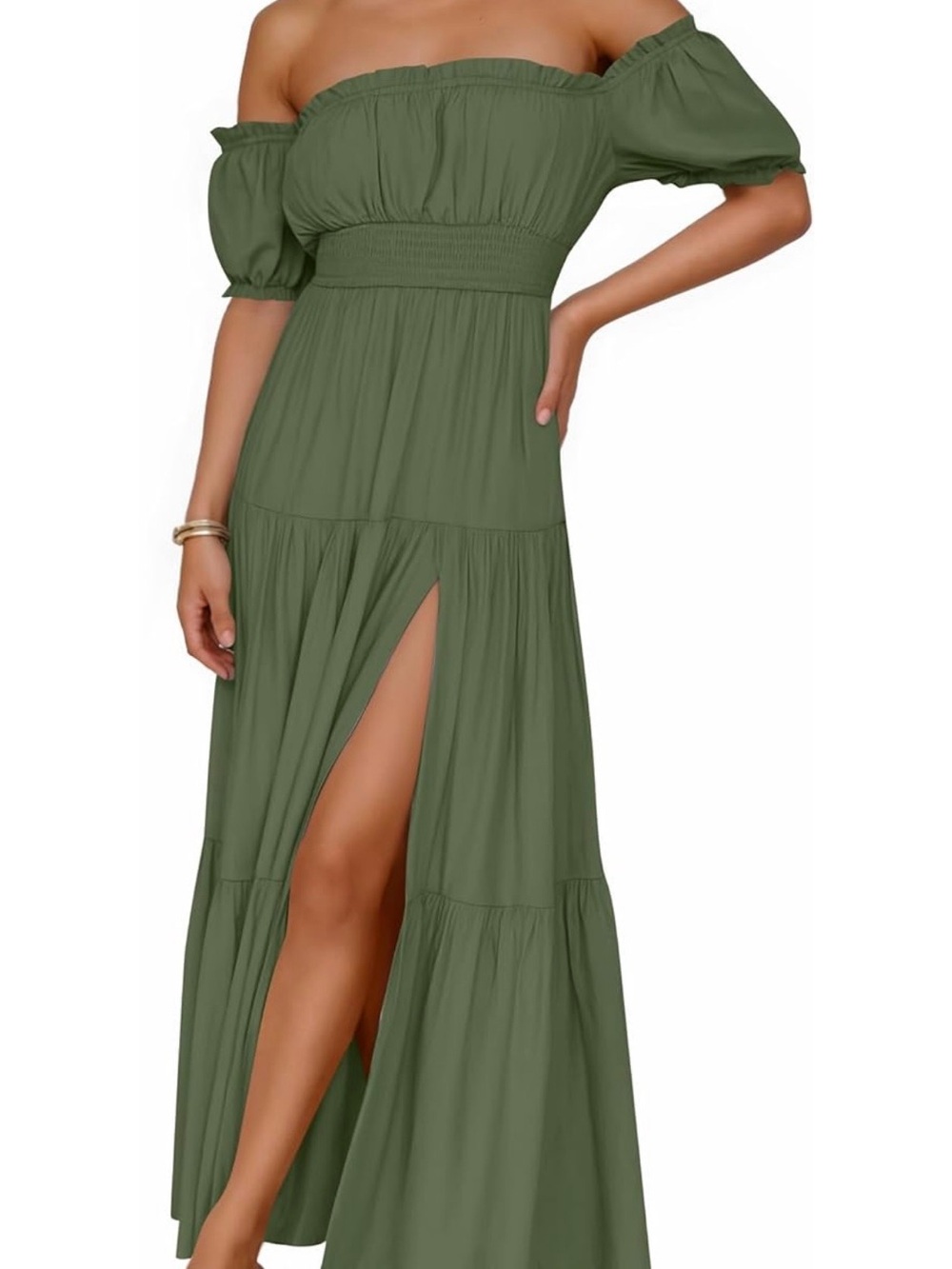 Zesica Olive Green Off-Shoulder Maxi Dress